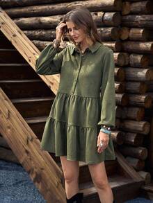 LanaWest Women's Western Bohemian Style Military Green Lapel Single-Breasted Half-Placket Loose Long Sleeve Niche Design Layered Hem Casual Vacation Mini Shirt Dress - Army Green - View 3