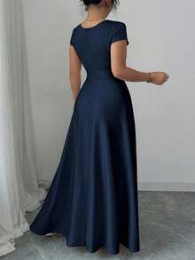 Elenzga 大码女式优雅浪漫 V 领短袖褶腰 A 字长裙，适合宴会、派对、婚礼嘉宾、伴娘，柔软缎面光泽 - 藏蓝色 - 查看 2