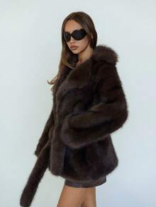 SHEIN ICON 女式纯色翻领长袖宽松时尚仿皮草夹克，冬季 - 摩卡棕 - 查看 5