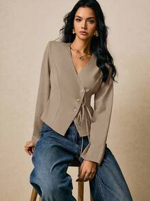 Poéselle 女式纯色长袖单排扣腰系带休闲衬衫 - 淺灰色 - 查看 5