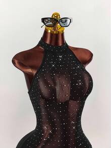Y2K Amplova Christmas New Year Thanksgiving Party Black Elegant Women's Rhinestone Studded Bodysuit, Backless Sexy Halter Neck, Suitable For Party, Autumn/Winter, Christmas Party Bodysuit Romper Mesh Bodysuit Rhinestone Bodysuit - Black - View 5