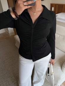 Dripcurv 修身翻領大碼女士t卹,褶皺設計 - 黑色 - 查看 4