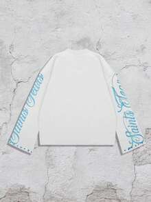 ROMWE MEN Street Life Rhinestone Embellished Men's Casual Street Punk Long Sleeve T-Shirt, Spring/Autumn - White - View 2