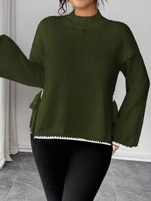 Elenzga Plus Size Casual Elegant Loose Colorblock Pullover Sweater - Army Green - View 4