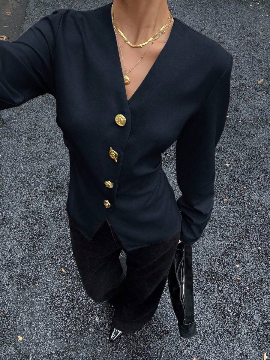 Siren Gaze 女士金属扣腰衬衫，秋冬新款休闲蓝 - 藏蓝色 - 查看 1