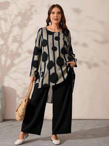 Rusticease Bộ đồ 2 món cho nữ cỡ lớn, cổ tròn, tay dài, viền bất đối xứng, áo và quần, thường ngày, mùa đông - màu đen - Xem 3