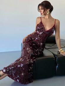 Firerie 女士勃艮第亮片刺绣亮片舞会礼服，细肩带深 V 领长裙，优雅露背美人鱼下摆晚礼服，超长礼服，婚礼宾客礼服，适合春季、夏季、秋季、冬季、优雅、通勤、约会、派对、婚礼季节、毕业典礼、舞会、表演、音乐会、工作、返校、年会、女士生日礼服 - 酒紅色 - 查看 9