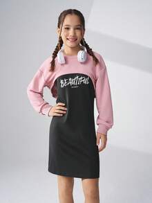 JNSQ 2pcs/Set Tween Girls Casual Floral Print Sleeveless Dress With Short Sleeve Hoodie Sweatshirt, Suitable For Autumn And Winter, Student/Child Wear, Thick Long Sleeve - Pair Our Comfortable And Stylish Short Hoodie With A Fitted Floral Print Dress To Explore The World! - Multicolor - View 1