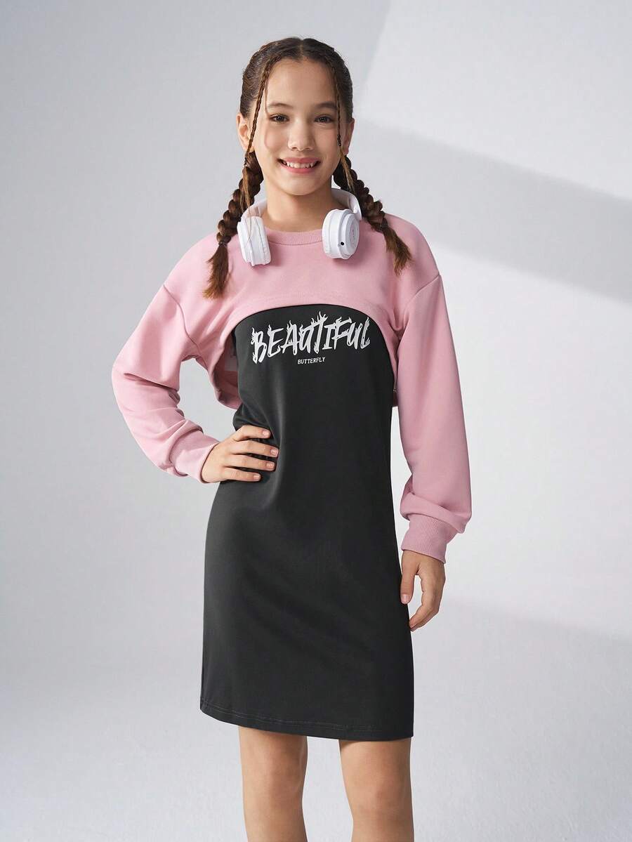 JNSQ 2pcs/Set Tween Girls Casual Floral Print Sleeveless Dress With Short Sleeve Hoodie Sweatshirt, Suitable For Autumn And Winter, Student/Child Wear, Thick Long Sleeve - Pair Our Comfortable And Stylish Short Hoodie With A Fitted Floral Print Dress To Explore The World! - Multicolor - View 1
