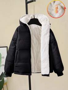 SHEIN Kurtka zimowa dla nastolatek, czarna, z długim rękawem, kapturem i suwakiem z przodu, ściągaczami przy mankietach, termiczna podszewka, uniwersalna, odpowiednia na jesień/zimę, wyjścia, zakupy, wakacje, dojazdy do pracy, można łączyć z bluzkami, bluzami z kapturem, dżinsami, spodniami dresowymi