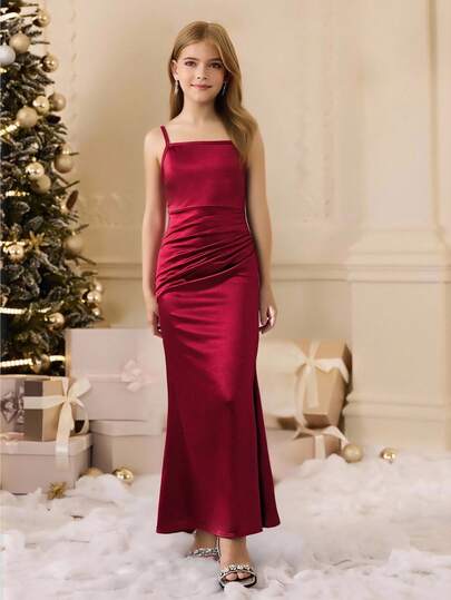 Tween Girl Elegant Minimalist Fashion Sleeveless Waisted High Waist Fitted Solid Satin Shiny Fabric Dress, Girls Graduation Season Prom High-End Party Christmas Party Dress