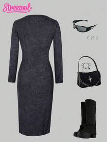 SHEIN Explorewe Streecool Tween Girl Teenage Girls' Fashionable Casual Elegant Side Slit Square Neck Fitted Long Sleeve Dress, Spring/Autumn - Grey - View 2