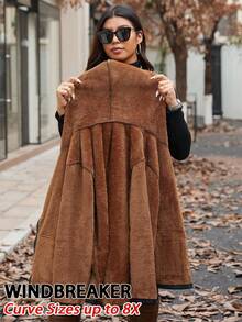 SHEIN CURVE+ 大码女式休闲拉链连帽外套，带口袋，保暖内衬，黑色 - 黑色 - 查看 2