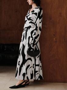 Uhlyne minimalistisches Kleid mit V-Ausschnitt und Langarm, französisches elegantes Kleid mit Blume Muster und Fledermausärmeln, vintage weites fließendes Maxikleid, Damen Lässig Langarmkleid - Schwarz und Weiss - Übersicht 5