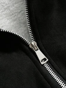 PAVTROS Men's Casual Turndown Collar Thermal Thermal Lined Black Long Sleeve Jacket With Small Logo Print, Retro Streetwear Style, Suitable For Autumn/Winter, Casual Black Jacket - Black - View 5