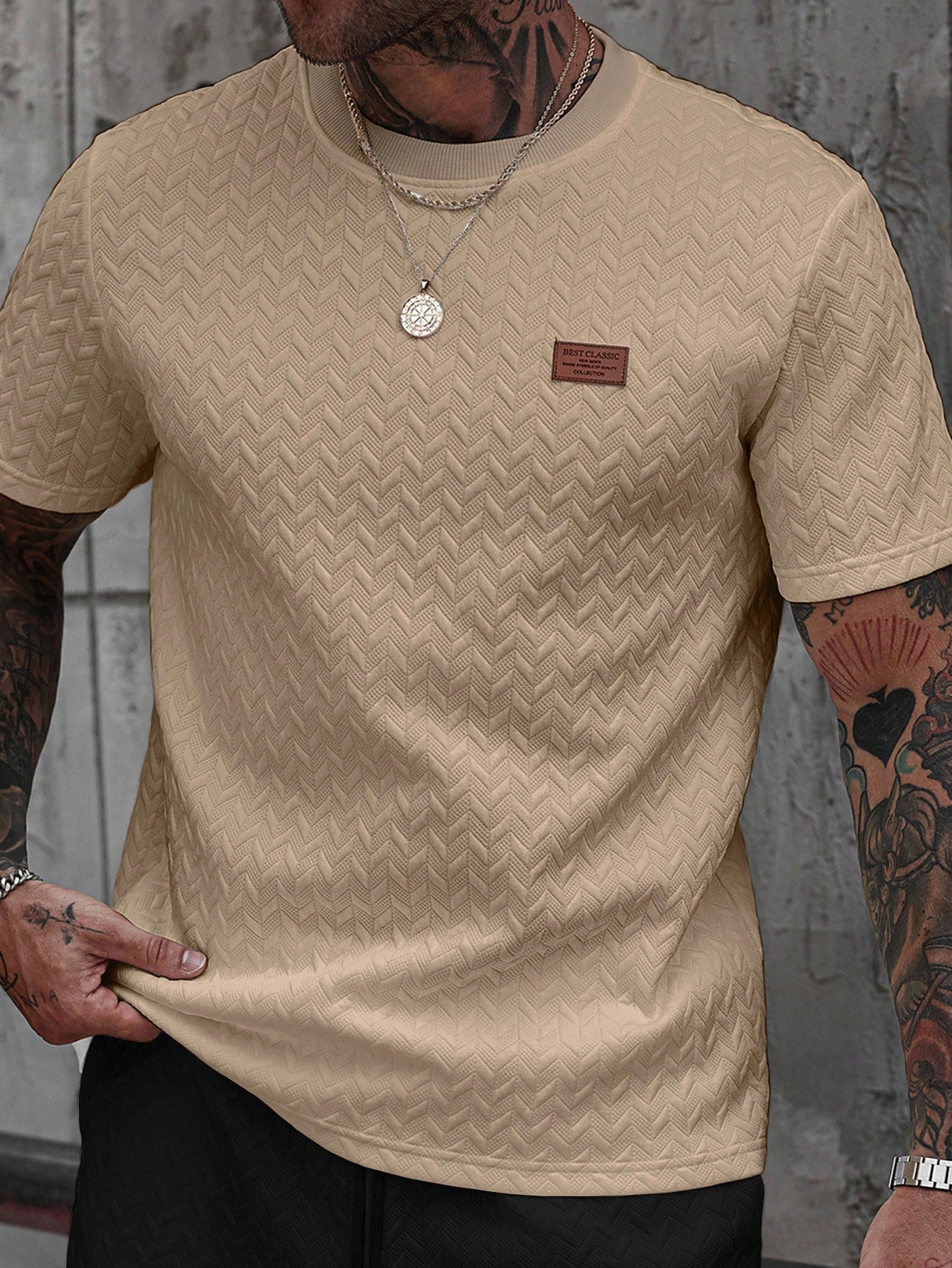 Manfinity Homme Men's Summer Jacquard Ribbed Collar Short Sleeve T-Shirt