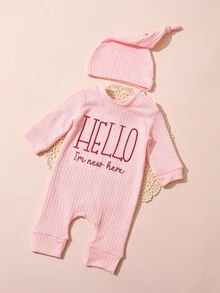 SHEIN New Born Photography Outfits Baby Boys Girls "HELLO" Embroidery Jumpsuit And Hat 2pcs Set, Infant 1 Month 100 Days Photo Studio Shooting Props Fall Winter