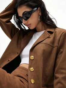 GENKIRA Brown Suede Retro High-End Lapel Asymmetric Button Versatile Women Blazer Jacket - Coffee Brown - View 3