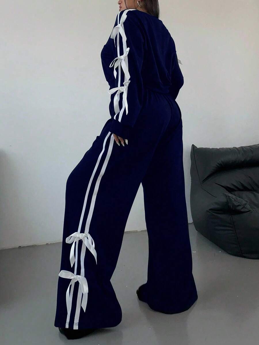 SHEIN 2 件套青少年女孩宽松圆领长袖运动衫和运动裤套装,海军蓝,带侧边蝴蝶结,秋冬休闲装 - 藏蓝色 - 查看 1