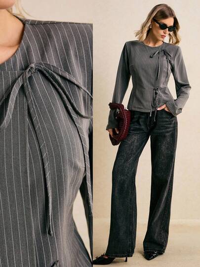 Poéselle Women's Regular Coat Tie-Up Asymmetrical Placket Shoulder Pads Grey Striped Blazer Waist-Fitted Blazer Women's Striped Long Sleeve Tie Front Casual Commuter Regular Coat Women's Winter Coat Women's Winter Coat Going Out Tops For Women Long Sleeve Going Out Top Chic Women's Coat Chic Blazer Women Fall For Women Autumn Autumn For Women Winter For Women New Year Women's Going Out