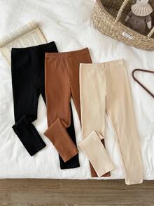 LMoss Kids LMoss 3pcs/Set Legging Kasual Pas Badan Warna Polos untuk Anak Perempuan, Natal, Gaya Nyaman Musim Gugur & Musim Dingin, Nyaman dan Musim Gugur & - MultiWarna - View 6