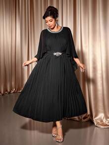 Cravure 大码女式优雅奢华派对连衣裙，配有腰带、水钻装饰、金属饰边、褶皱连衣裙、女士万圣节服装 - 黑色 - 查看 6