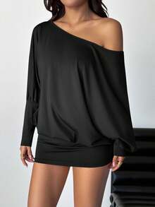 SHEIN PETITE Váy mini ôm sát tay dài hở vai gợi cảm, phong cách đường phố cho lễ hội âm nhạc, váy mùa hè cho nữ - màu đen - Xem 3