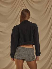 Aralina 冬季/夏季短款牛仔机车夹克，带金色饰边 - 黑色 - 查看 2