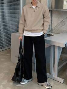 DAZY 男士纯色 Polo 领可调节套头卫衣，秋冬四分之一拉链卫衣 - 淺卡其色 - 查看 4