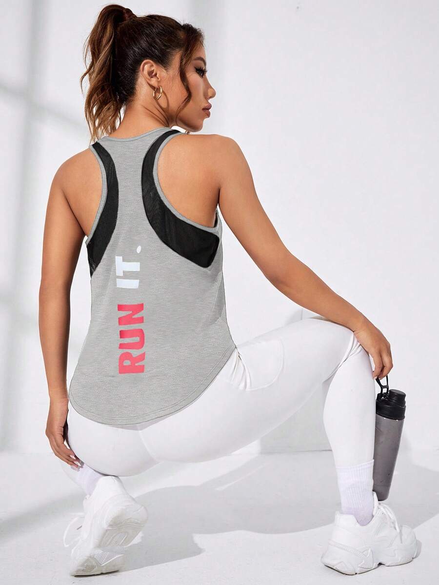 Cheerettes Women Contrast Color Crew Neck Everyday Fitness Sports Tank Top - Grey - View 1