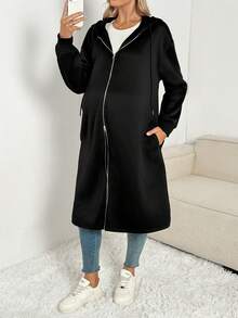 SHEIN Maternity Solid Color Long Sleeve Zip Up Hooded Jacket,Casual Autumn Pregnant Clothes For Women,Office Fall Winter Drop Shoulder Drawstring Coat - Apricot - View 8