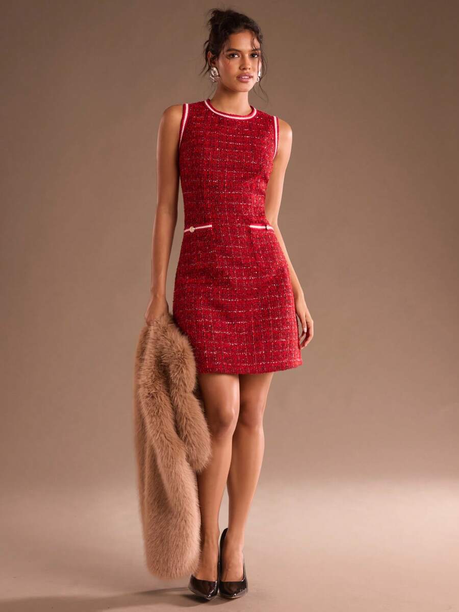 SHEIN Glamour 时尚优雅的通勤无袖连衣裙 - 紅色 - 查看 1