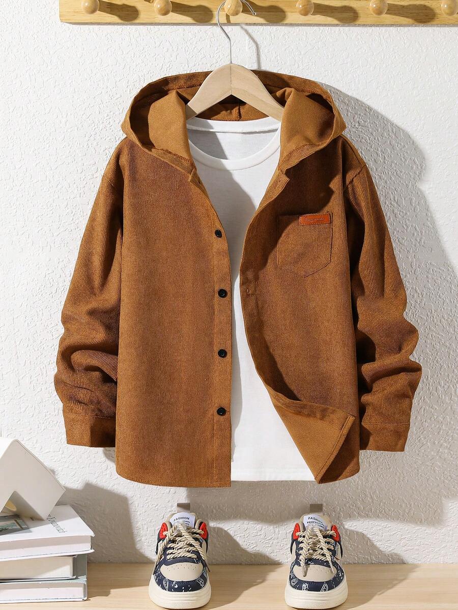 SHEIN Áo sơ mi dáng rộng, có mũ, chất liệu nhung kẻ, dành cho bé trai tuổi teen, thích hợp mặc mùa thu đông. - màu nâu - Xem 1