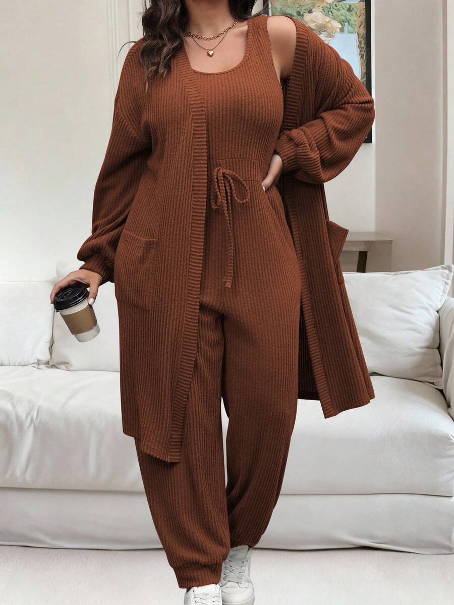 Vionelle Plus Size Solid Color Ribbed Jumpsuit And Jacket 2 Pieces Set, Casual For Everyday Wear, Autumn/Winter - Rust Brown - View 1