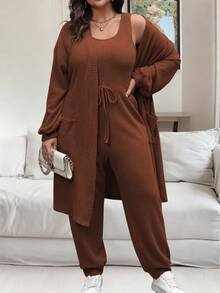 Vionelle Plus Size Solid Color Ribbed Jumpsuit And Jacket 2 Pieces Set, Casual For Everyday Wear, Autumn/Winter - Rust Brown - View 5