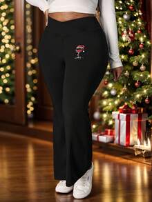 SHEIN PETITE CURVE Legging Wanita Ukuran Plus Petite Motif Gelas Anggur Natal, Pinggang Tinggi dengan Desain Silang, Model Mengembang, Cocok untuk Musim Gugur/Dingin - Hitam - View 5