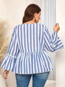 EMERY ROSE Áo blouse tay dài tay loe họa tiết sọc xanh trắng cỡ lớn dành cho nữ mùa thu thường ngày, đi chơi, mẫu mới 2025, đơn giản và thời trang để mặc hàng ngày, áo babydoll, mùa thu/đông, giáng sinh cho nữ, năm mới - Xanh và trắng - Xem 5
