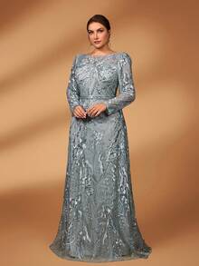 Serin Plus Size Elegant Luxury Gray Boat Neck Sheer Long Sleeve Heavily Embroidered Pearl & Rhinestone Decorated A-Line Mother Of The Bride Dress