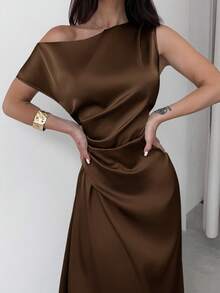 Firerie Vestido elegante asimétrico de hombro con pliegues y bajo de cola de sirena en color verde, adecuado para citas, vacaciones, bodas, eventos, regreso a la escuela, graduación, vestido de dama de honor formal