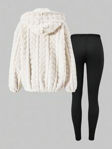 SHEIN ChillGRL 2 件青少年女孩复古蓬松连帽衫和紧身裤套装，适合日常穿着的休闲装，秋冬 - 米色 - 查看 2