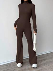 SHEIN Unity Black High Neck Fitted Flare Jumpsuit - Brown - View 5
