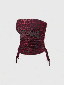 ROMWE Spring/Summer 2pcs Women's Sexy Set - Rhinestone Letter & Leopard Print Bandeau Crop Top And Drawstring Pants - Red - View 5