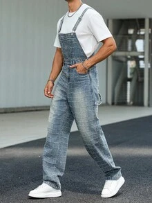 Manfinity Homme 男士休闲钩针多口袋牛仔背带裤，街头风格 - 淺色水洗藍 - 查看 4