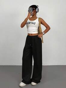 SHEIN PETITE 小碼女款秋季簡約前綁帶寬鬆運動長褲，休閒日常穿搭，工裝褲機場風純黑色 - 黑色 - 查看 5