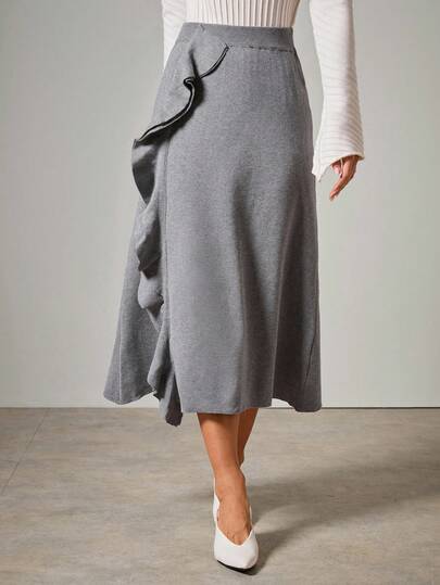 COSMINA 女式纯色荷叶边下摆优雅针织裙，秋冬