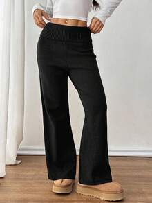 SHEIN PETITE Women's Casual Foldover Waist Knit Pants, Autumn/Winter,Fall,Fall Clothes For Women - Black - View 3