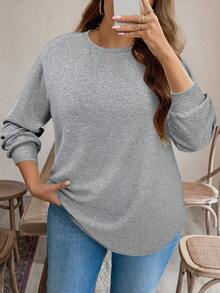 SHEIN LUNE 大码女式纯色简约长袖运动衫，适合日常休闲穿着，必备节日装 - 淺灰色 - 查看 4