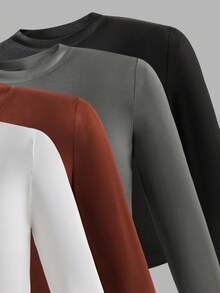 Conjunto de 4 piezas de camisetas de manga larga de cuello redondo de ajuste ceñido de color sólido clásico casual para niñas preadolescentes, adecuado para uso diario, escuela y ocio en primavera/otoño: estilo minimalista, de moda y deportivo, versátil para múltiples ocasiones