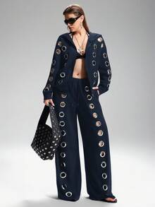 LYSMO Plus Size Fashionable Avant-Garde Loop Design Casual Loose Fit Wide Leg Sweatpants, Autumn/Winter Grommet Pants - Navy Blue - View 5