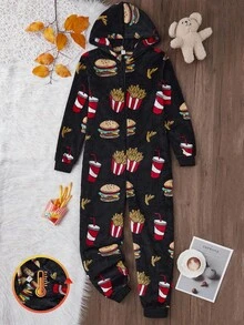 Teenage Boys' Hamburger, Fries And Soda Graphic Plush Hooded Long Sleeve Jumpsuit, Soft Plush Fabric, Casual Streetwear And Loungewear For Winter Holidays,Christmas Clothes